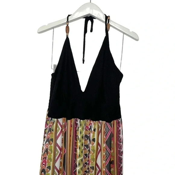 Mlle Gabrielle 1X black halter upper maxi sundress dress with boho print bottom - Picture 5 of 7